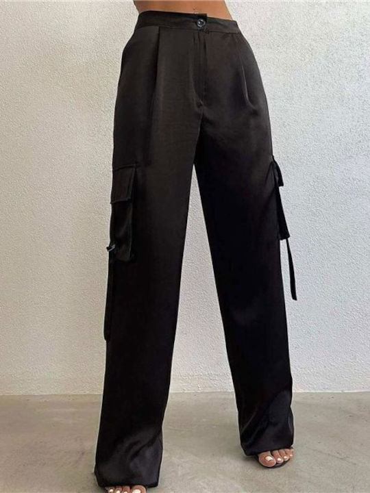 Women's High-waisted Fabric Cargo Trousers Black