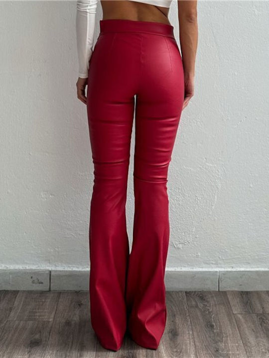 Chica Γυναικεία Δερμάτινη Παντελόνα Καμπάνα σε Κόκκινο Χρώμα