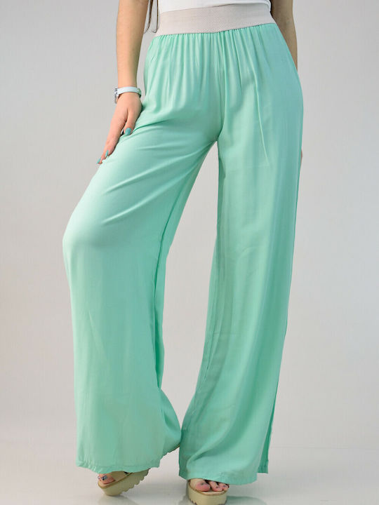 First Woman Women's Fabric Trousers with Elastic Bell Green