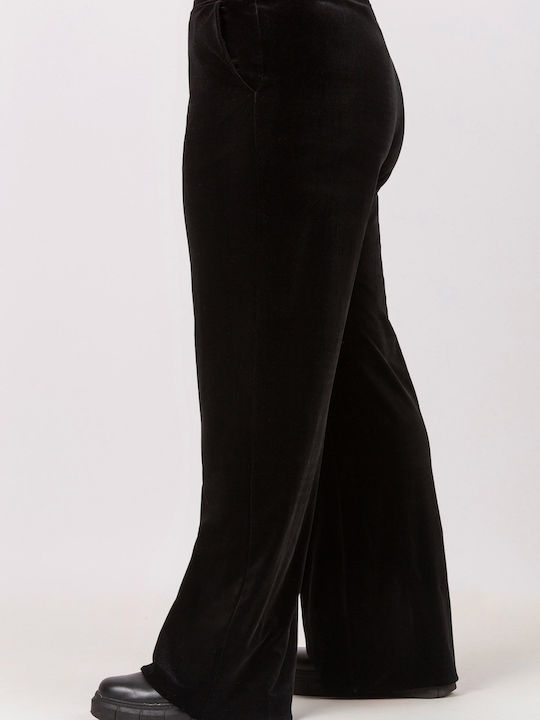 Jucita Women's High-waisted Velvet Trousers with Elastic in Straight Line Black
