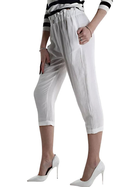 Remix Damen Leinen Capri Hose mit Gummizug Weiß