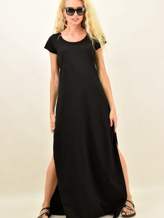 First Woman Summer Maxi Dress with Slit Black