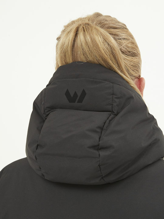 Lang Damen Puffer Jacke Winddicht für Winter Schwarz
