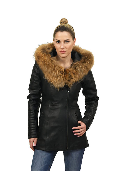 Leatherland Ariel Kurz Damen Puffer Jacke mit pelziger Kapuze für Winter Schwarz