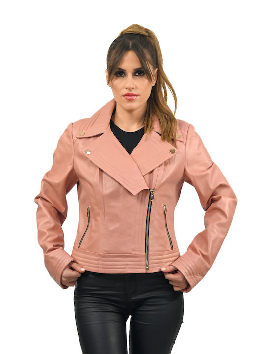 Leatherland Efi Women's Short Puffer Leather Jacket for Winter Pink