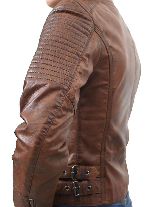 Leatherland Women's Short Biker Leather Jacket for Winter Tabac Brownc Brown