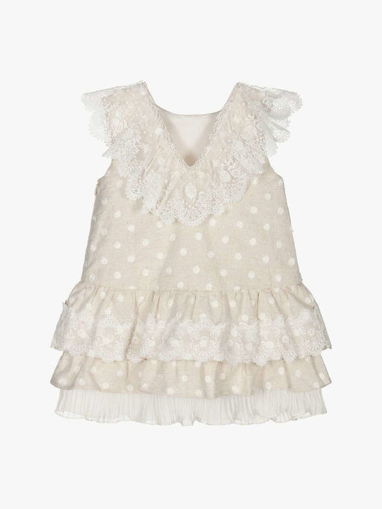 Tutto Piccolo Sand-coloured Linen Dress Embroidered Rochie pentru Copii Polka Dot Mâneci scurte Bej