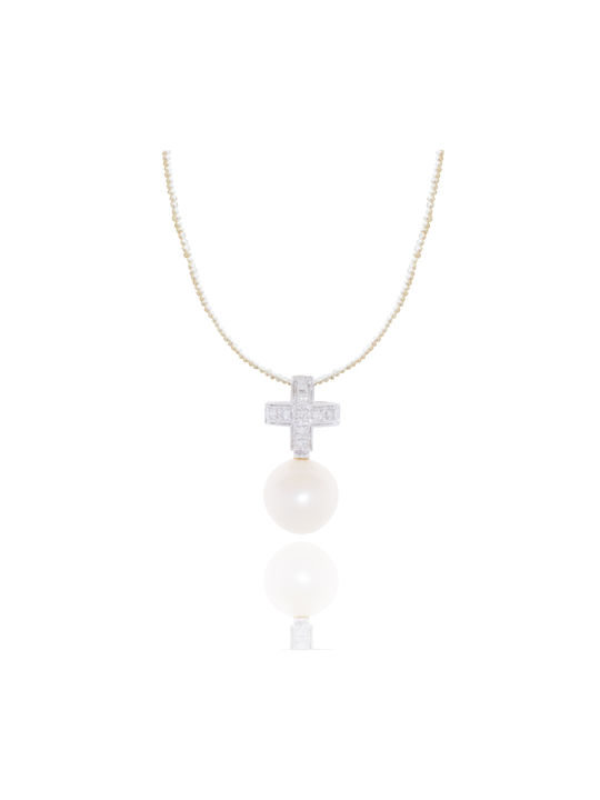 Necklace Amulet from White Gold 18k with Pearls & Diamond