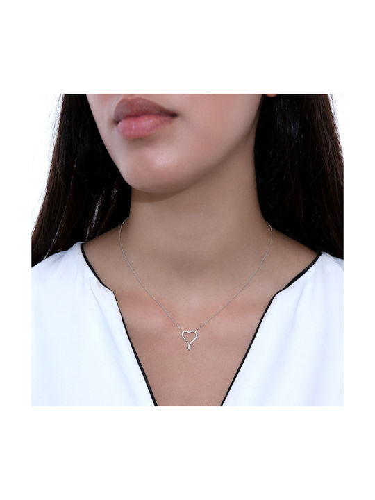 Necklace with design Heart from White Gold 9 K with Zircon