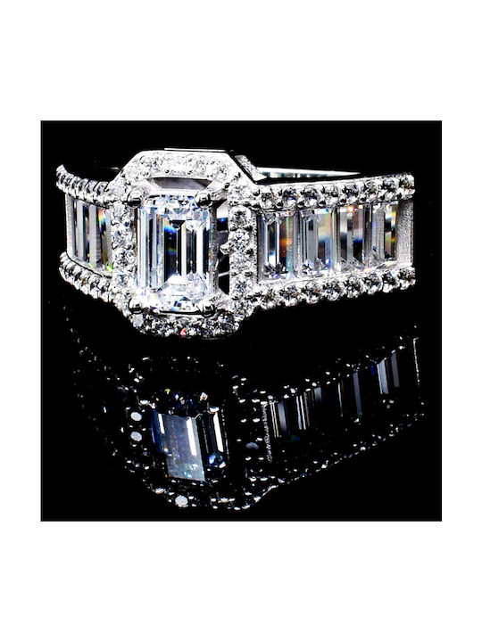 Women's White Gold Ring Baguette with Zircon 14K