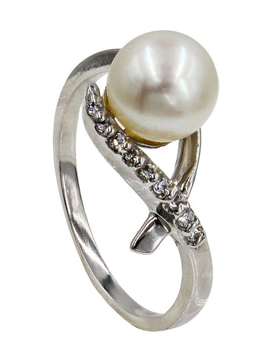 Roloi Kaliamanis Damen Ring mit Perlen & Zirkonia aus Weißgold 14K