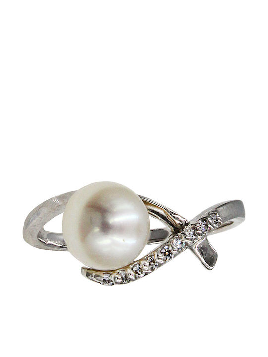 Roloi Kaliamanis Damen Ring mit Perlen & Zirkonia aus Weißgold 14K