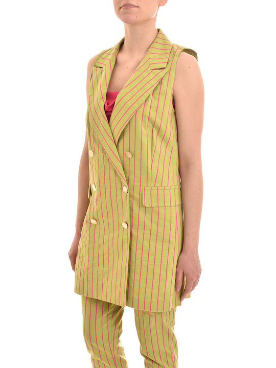 Motel Double Breasted Sleeveless Striped Gilet-green/fuchsia Κίτρινο Γυναικείο Γιλέκο