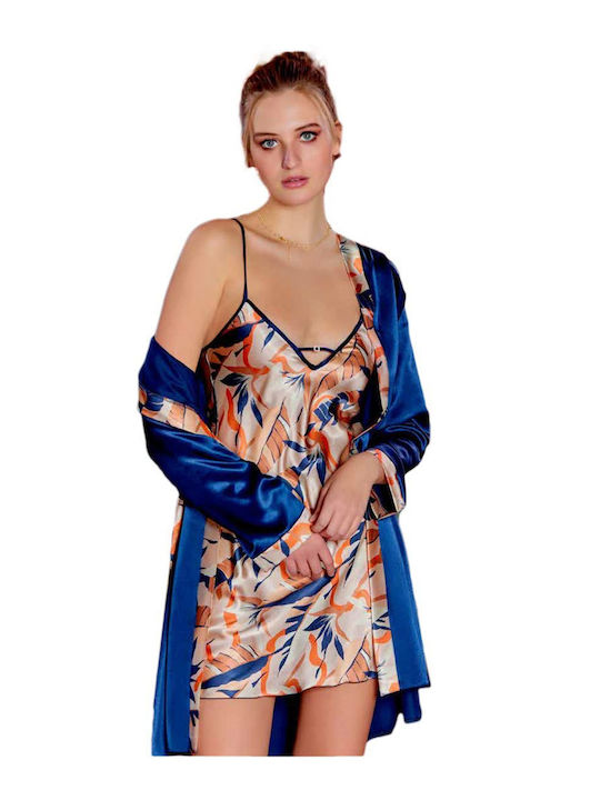 FMS Winter Women's Satin Robe with Nightdress Blue