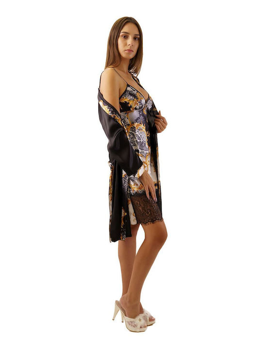 FMS Winter Damen Satin Robe mit Nachthemd Schwarz