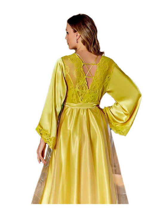 FMS Winter Women's Satin Robe with Nightdress Yellow