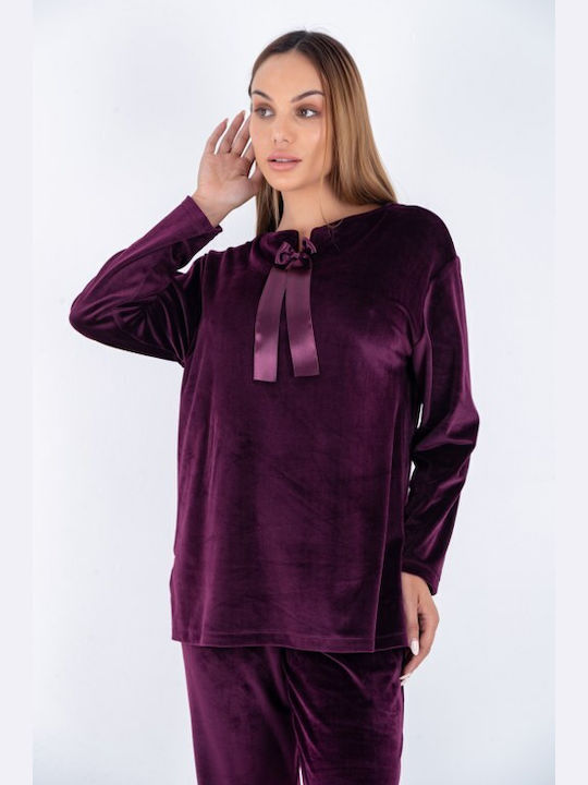 Claire Katrania Winter Damen Pyjama-Set Samt Burgundisch