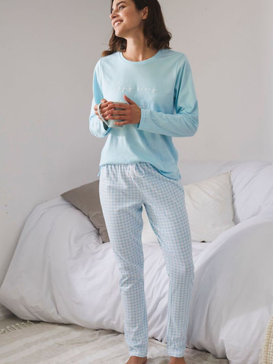 Admas Winter Women's Pyjama Set Cotton Light Blue Enjoy Every Moment