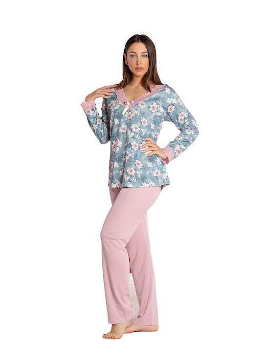 Clio Lingerie Winter Damen Pyjama-Set Baumwolle Hellblau