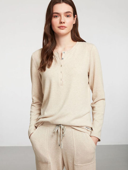 Penye Mood Winter Damen Pyjama-Set Beige