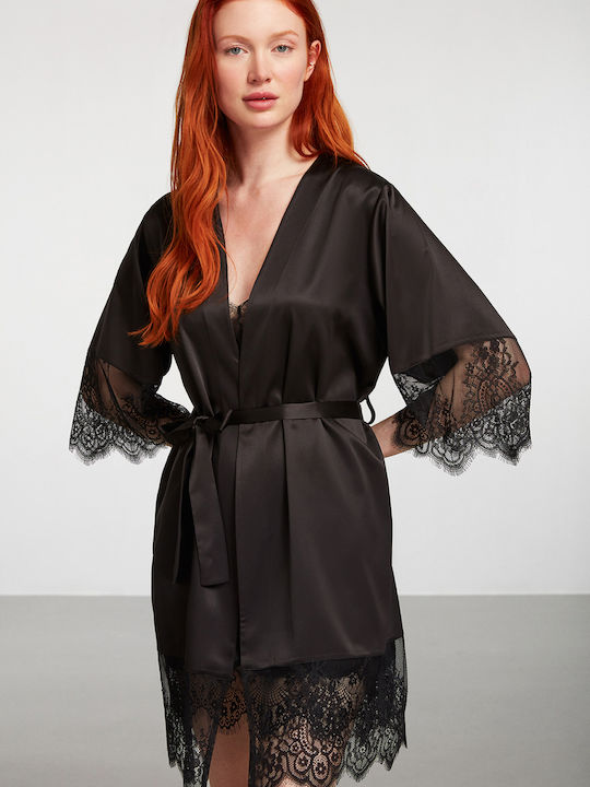 Penye Mood Sommer Damen Satin,σατεν Robe mit Nachthemd Schwarz
