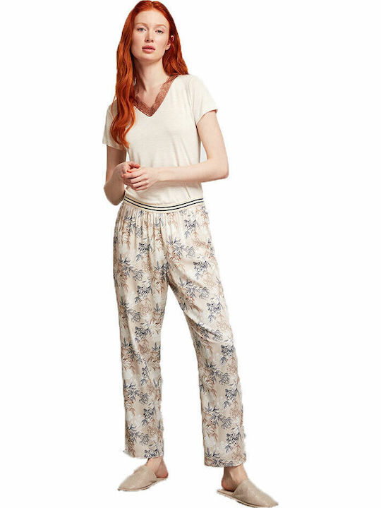 Penye Mood Winter Women's Robe with Pyjama Beige Floral