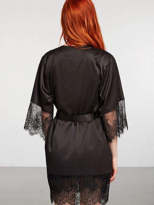 Penye Mood Sommer Damen Satin,σατεν Robe mit Nachthemd Schwarz