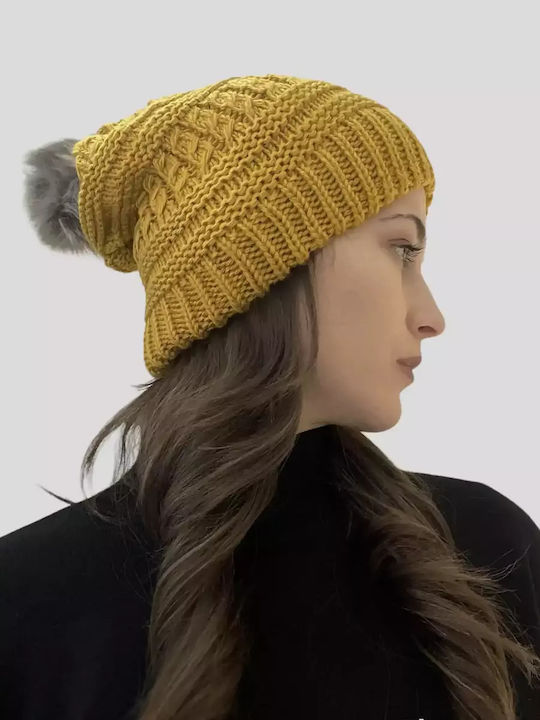 Pom Pom Beanie Γυναικείος Σκούφος Πλεκτός σε Κίτρινο χρώμα