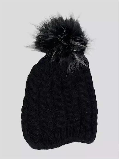 Pom Pom Beanie Γυναικείος Σκούφος με Πλεξούδες σε Μαύρο χρώμα