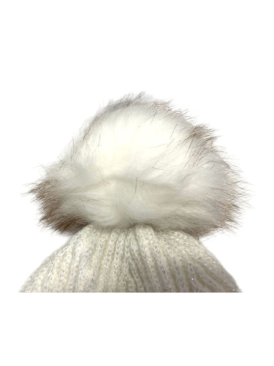 Remix Pom Pom Beanie Γυναικείος Σκούφος με Rib Πλέξη σε Λευκό χρώμα