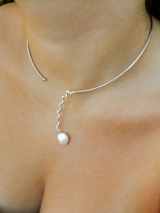 Art d or Set with Necklace & Bracelet from White Gold 14K with Stones and Pearls