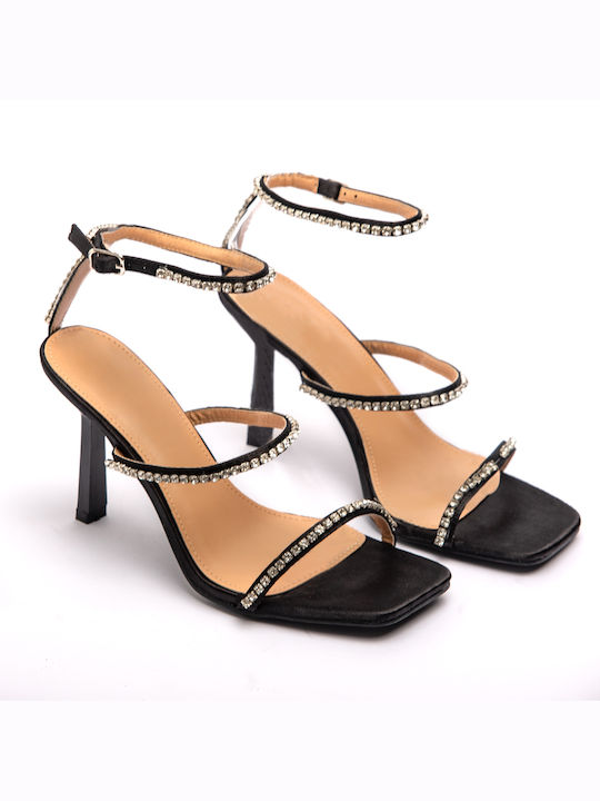 Malesa Fabric Women's Sandals with Strass & Ankle Strap Black