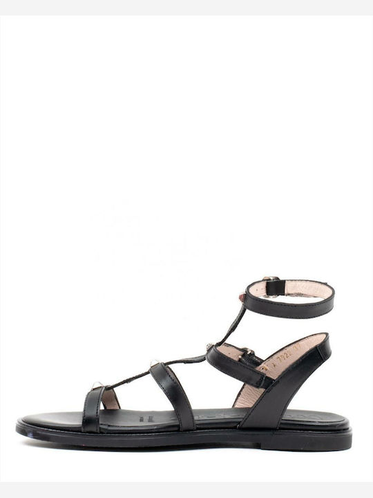 Wonders Pergamena Leather Women's Flat Sandals in Black Color