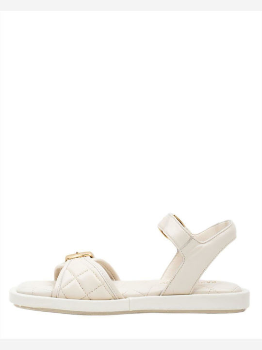 Leather Women's Flat Sandals with Strap in White Color