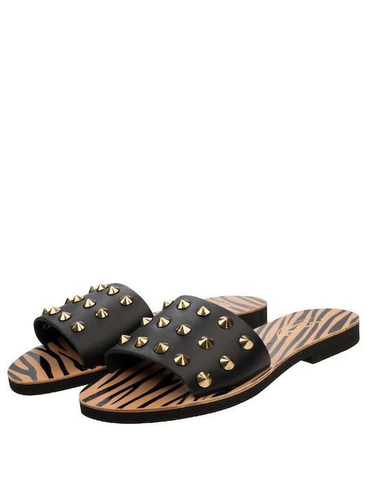 Kiamos Leather Women's Flat Sandals in Black Color