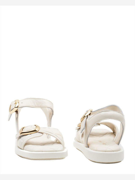 Leather Women's Flat Sandals with Strap in White Color