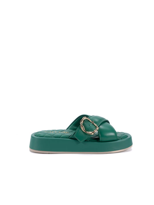 Paola Ferri Leather Women's Flat Sandals in Green Color