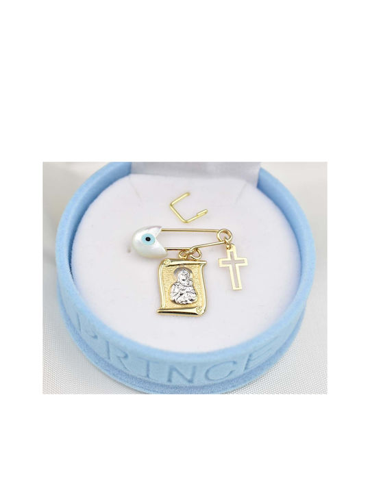 Child Safety Pin made of Gold and White Gold 9K with Cross and Icon of the Virgin Mary