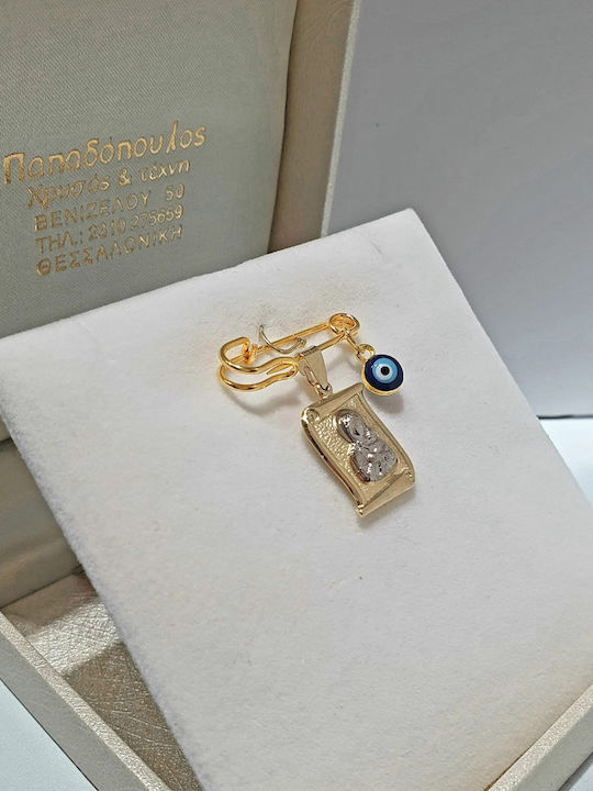 Papadopoulos Gold Kinder Sicherheitsnadel aus Gold und Weißgold 14K mit Bild der Jungfrau Maria