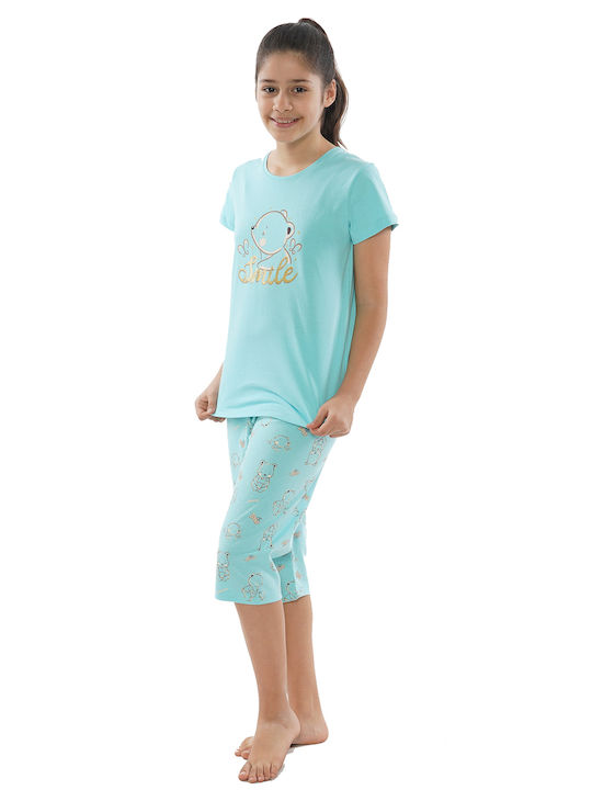 Vienetta Secret Set Top & Bottom Kids Summer Cotton Pyjamas Light Blue