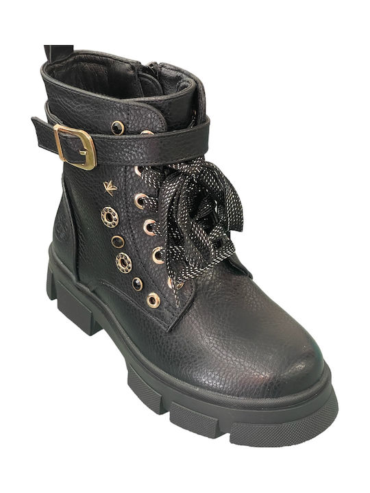 Anatomisch Lederne Kinderstiefel mit Schnürsenkeln Schwarz