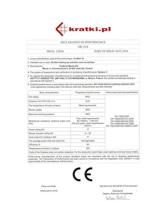 Kratki Oliwia Deco Ενεργειακό Τζάκι Ξύλου 18kW Ίσιο με Ανοιγόμενη Πόρτα