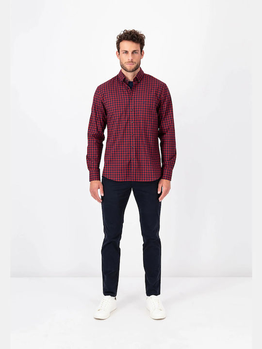 Fynch Hatton Men's Shirt Long Sleeve Cotton Checked Red