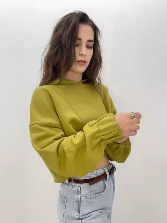 Women's Crop Top Cotton Long Sleeve with Hood Khaki