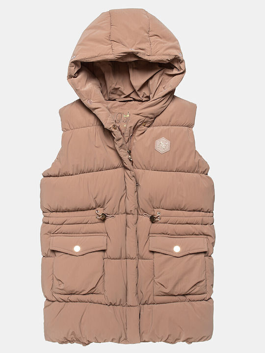 Kids Quilted Sleeveless Short Coat with Hood Beige