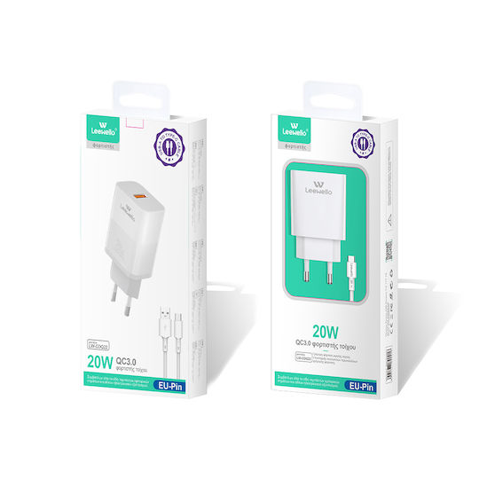 Leewello Încărcător cu Port USB-A și Cablu USB-C 20W Albς (CDQ22)