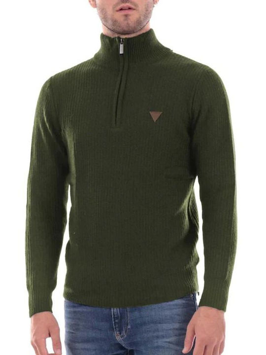 Guess Herren Langarm-Pullover Ausschnitt mit Reißverschluss Khaki