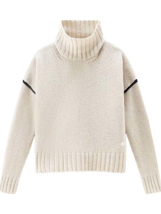 Women's Long Sleeve Woolen Sweater Beige Turtleneck