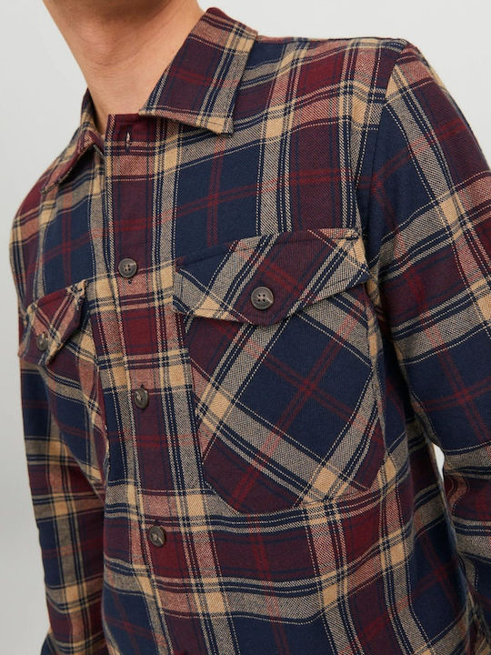 Long Sleeve Flannel Overshirt Regular Fit Checked Burgundy