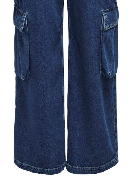 Only Hw Women's Denim Cargo Trousers in Wide Line Blue